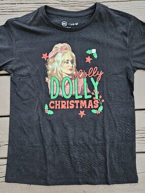 Wonder Nation Holly Dolly Parton Christmas Girls Black T-Shirt L 10-12